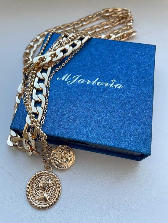 MJartoria Gold Layered Necklaces for Women Trendy Retro Coin Pendant Gold Necklace Dainty Chunky Link Chain Choker Necklaces for Girls Jewelry Birthday Gifts